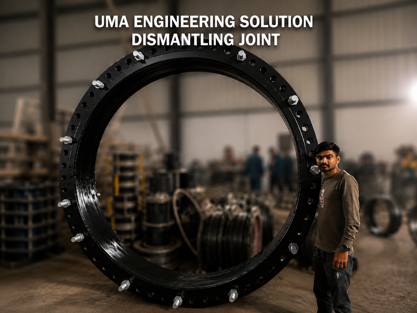 Large-bore dismantling joint at the Uma Bellows facility, shown with a technician for scale